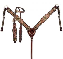 Showman Dark Oil One Ear Headstall & Breast collar set with cheetah print inlay